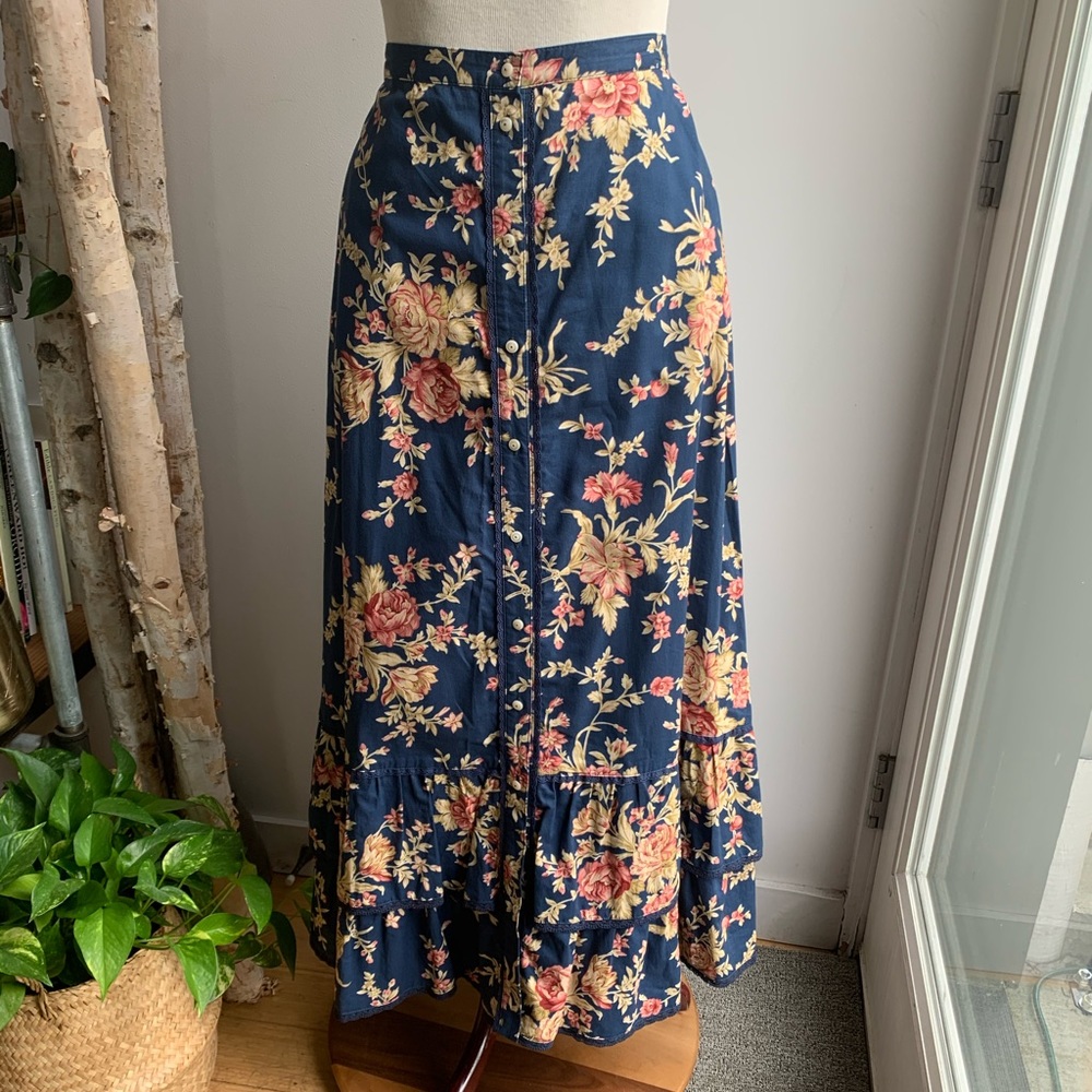 VTG Lauren Cotton Floral Ruffle Maxi Skirt 8